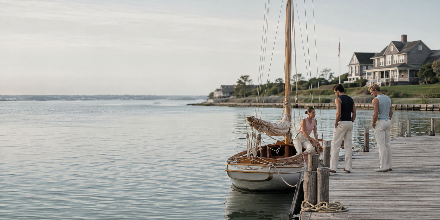 A quiet coastal morning beside a classic sailboat